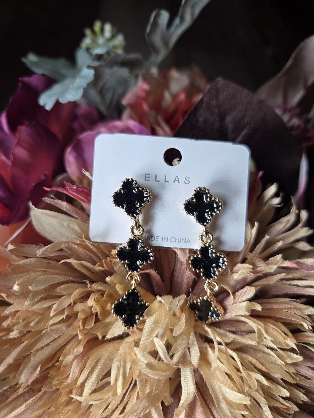 NWT ELLAS Black and Gold Clover Drop Earrings - Picture 12 of 16